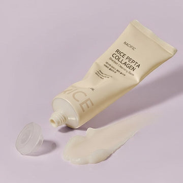 Assemble K - Play .Try .Glow NACIFIC Rice Pepta Collagen Sherbet Cleansing Balm, a pale yellow tube with a dollop of balm on a beige background.