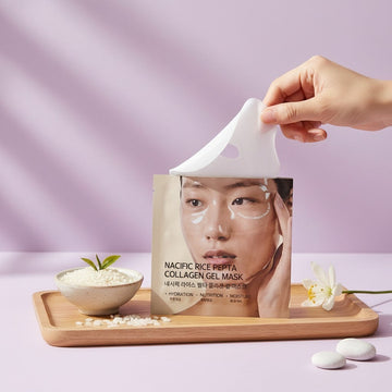 Assemble K - Play .Try .Glow NACIFIC Rice Pepta Collagen Gel Mask for hydration, nutrition, and moisture. Features a model with the mask applied.