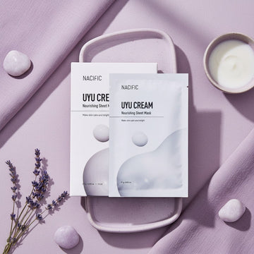 Assemble K - Play .Try .Glow NACIFIC Uyu Cream Nourishing Sheet Mask with milk extract, ceramides, and niacinamide for hydration.
