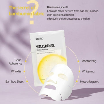 Assemble K - Play .Try .Glow NACIFIC Vita Ceramide Moisture Mask Pack with bamboo sheet for moisturizing, whitening, and wrinkle care.