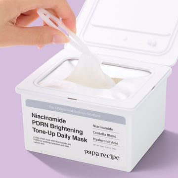 Assemble K - Play .Try .Glow Niacinamide PDRN Brightening Tone-Up Daily Mask with icons for PDRN, skin tone improvement, and irritation test.