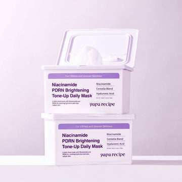 Assemble K - Play .Try .Glow Papa Recipe Niacinamide PDRN Brightening Tone-Up Daily Mask container with sheet masks inside.