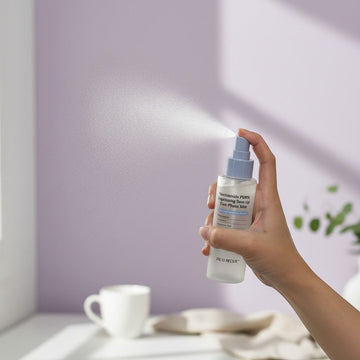 Assemble K - Play .Try .Glow Niacinamide PDRN Brightening Tone-Up Dual-Phase Mist 100ml, a clear bottle with a light blue spray nozzle, held by a hand against a white wall.