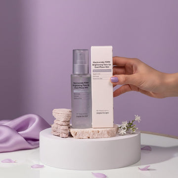 Assemble K - Play .Try .Glow Niacinamide PDRN Brightening Tone-Up Dual-Phase Mist 100ml bottle and box with PDRN, Niacinamide, Panthenol, Hyaluronic Acid.