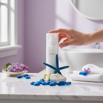 Assemble K - Play .Try .Glow NOT4U Moisture Cream Body Mist in a white bottle with a blue starfish and beach-themed decor.