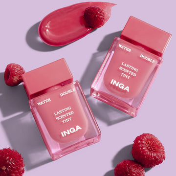 Assemble K - Play .Try .Glow Inga Water Double Lasting Scented Tint in Nudey Rosy, a sheer rosy-pink lip tint with a glossy finish, shown with its packaging.