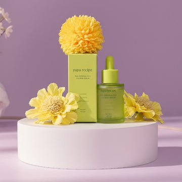 Assemble K - Play .Try .Glow Papa Recipe Real Centella Cica Calming Serum 30ml bottle and box with yellow flowers.