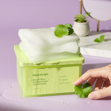 Assemble K - Play .Try .Glow Papa Recipe Real Centella Cica Daily Quick Cooling Mask stack of white sheet masks with green centella leaves on a lime green container.
