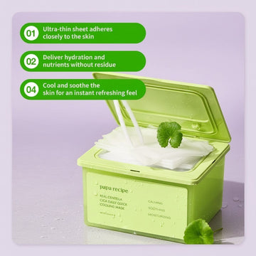 Assemble K - Play .Try .Glow Papa Recipe Real Centella Cica Daily Quick Cooling Mask for sensitive skin, featuring ultra-thin tencel sheets.