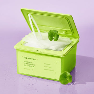 Assemble K - Play .Try .Glow Papa Recipe Real Centella Cica Daily Quick Cooling Mask in a lime green container with tweezers and centella leaves.