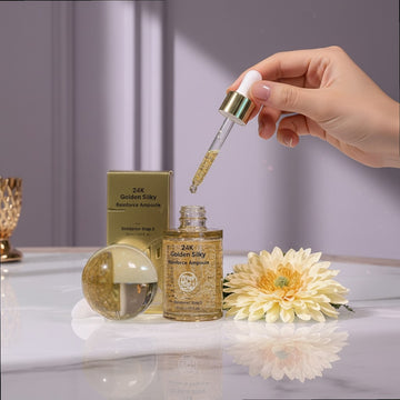 Assemble K - Play .Try .Glow 24K Golden Silky Reinforce Ampoule with 24K gold flakes for intensive skin nourishment and wrinkle care.