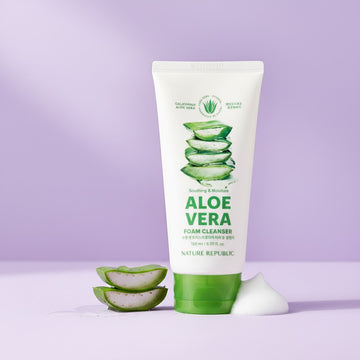 Assemble K - Play .Try .Glow NATURE REPUBLIC Aloe Vera foam cleanser in a white tube with green cap on a purple background.