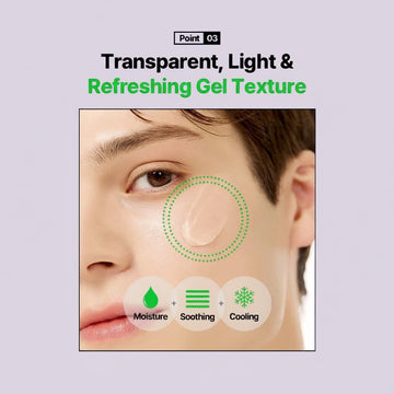 Assemble K - Play .Try .Glow NATURE REPUBLIC Aloe Vera gel applied to a model's cheek showing a light transparent texture