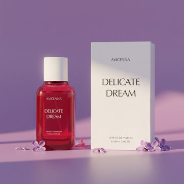Assemble K - Play .Try .Glow Avicenna Delicate Dream Extrait de Parfum bottle and box with purple flowers
