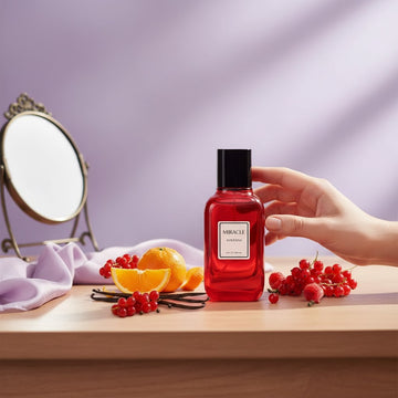 Assemble K - Play .Try .Glow Avicenna Miracle women's perfume bottle with red fruits, orange, and vanilla on a table.