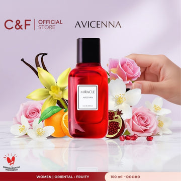 Assemble K - Play .Try .Glow Avicenna Miracle women's eau de parfum in a red glass bottle with floral and fruit accents.