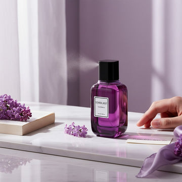 Assemble K - Play .Try .Glow Avicenna Starburst Eau de Parfum in a purple glass bottle spraying mist on a marble table.