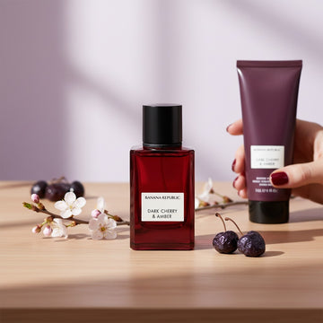 Assemble K - Play .Try .Glow Banana Republic Dark Cherry & Amber perfume bottle and lotion on a wooden surface