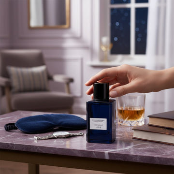 Assemble K - Play .Try .Glow Banana Republic Midnight Hour unisex perfume bottle on a marble table with night accessories