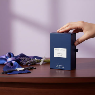 Assemble K - Play .Try .Glow Banana Republic Midnight Hour Eau de Parfum 75ml box on a wooden table with accessories