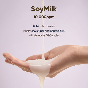 Assemble K - Play .Try .Glow Rich Soymilk Creamy Body Wash Mellow Vanilla, creamy texture pouring into a hand, moisturizing and nourishing.