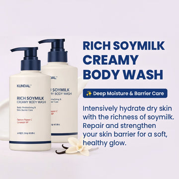 Assemble K - Play .Try .Glow Rich Soymilk Creamy Body Wash Mellow Vanilla 500ML with pump dispenser, creamy texture, and vanilla scent.
