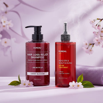 Assemble K - Play .Try .Glow Caffeine Hair Growth Bundle featuring KUNDAL shampoo and scalp treatment with cherry blossoms
