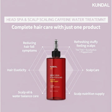 Assemble K - Play .Try .Glow KUNDAL Head Spa & Scalp Scaling Caffeine Water Treatment bottle with benefits infographic