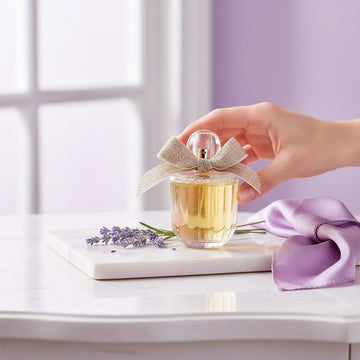 Assemble K - Play .Try .Glow Women'secret Gold Seduction perfume bottle with a glittery bow on a marble tray.