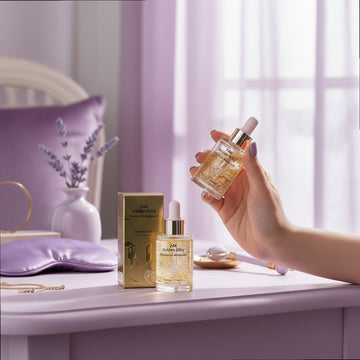 Assemble K - Play .Try .Glow 24K Golden Silky Reinforce Ampoule with visible gold flakes. Step 3 skincare.