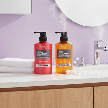 Assemble K - Play .Try .Glow Honey Glow Body Care Bundle featuring Kundal White Musk lotion and Cherry Blossom wash.