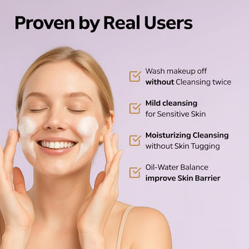 Assemble K - Play .Try .Glow woman with jojoba latte cleanser foam on her face, mild cleansing
