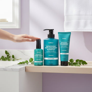 Assemble K - Play .Try .Glow Kundal Refreshing Anti-Dandruff Shampoo, Conditioner, and Hair Serum set in teal bottles with Soapy Musk scent.
