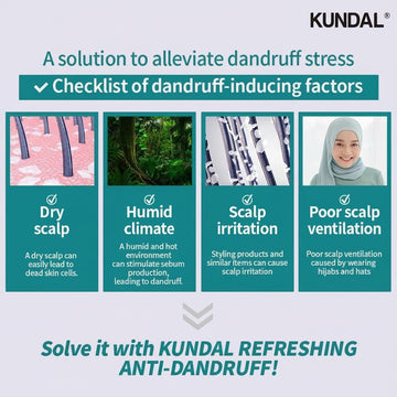 Assemble K - Play .Try .Glow Kundal Refreshing Anti-Dandruff Shampoo, Conditioner, and Serum infographic. Shows causes of dandruff: dry scalp, humid climate, scalp irritation, and poor ventilation.
