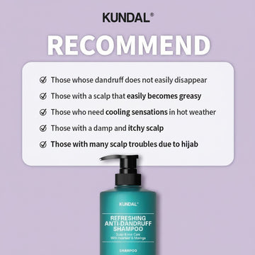 Assemble K - Play .Try .Glow Kundal Refreshing Anti-Dandruff Shampoo bottle with text recommending it for dandruff, oily, itchy, and damp scalps.