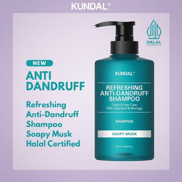Assemble K - Play .Try .Glow Kundal Refreshing Anti-Dandruff Shampoo in teal bottle with black pump, Soapy Musk scent, 500ml, Halal Certified.