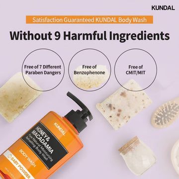 Assemble K - Play .Try .Glow KUNDAL Honey & Macadamia Body Wash in Acacia Moringa scent, 500ml bottle. Free of harmful ingredients.