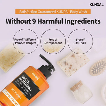 Assemble K - Play .Try .Glow KUNDAL Honey & Macadamia Pure Natural Moisturizing Refreshing Body Wash bottle. Free of harmful ingredients.