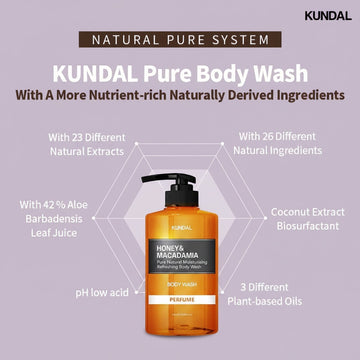Assemble K - Play .Try .Glow KUNDAL Honey & Macadamia Pure Body Wash White Musk 500ml, moisturizing, refreshing, low pH, natural ingredients.