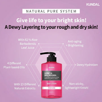 Assemble K - Play .Try .Glow KUNDAL Cherry Blossom Body Lotion 500ml with aloe, honey, macadamia, and plant extracts for dewy, bright skin.