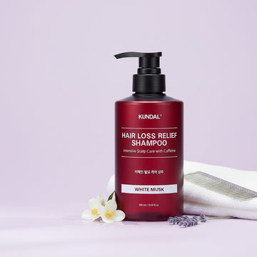 Assemble K - Play .Try .Glow KUNDAL Hair Loss Relief Shampoo with Caffeine in White Musk scent, 500ml bottle.