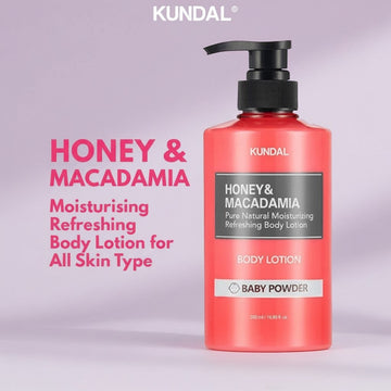 Assemble K - Play .Try .Glow KUNDAL Honey & Macadamia Moisturising Refreshing Body Lotion in Baby Powder scent, 500ml.