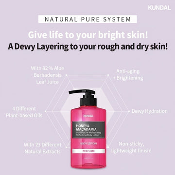 Assemble K - Play .Try .Glow Kundal Honey & Macadamia body lotion in a pink bottle with natural moisturizing ingredients