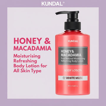 Assemble K - Play .Try .Glow KUNDAL Honey & Macadamia Moisturising Refreshing Body Lotion in White Musk scent, 500ml bottle with pump.