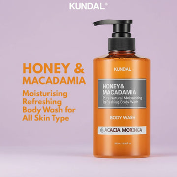 Assemble K - Play .Try .Glow KUNDAL Honey & Macadamia Moisturising Refreshing Body Wash for All Skin Types, Acacia Moringa scent, 500ml.