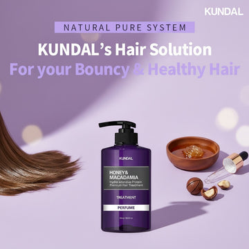 Assemble K - Play .Try .Glow KUNDAL Honey & Macadamia Protein Hair Treatment, 500ml, purple bottle with pump, for bouncy & healthy hair.
