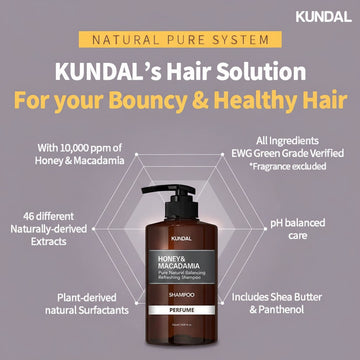 Assemble K - Play .Try .Glow KUNDAL Honey & Macadamia shampoo, 500ml bottle with pump, featuring natural extracts and pH balanced care.