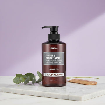 Assemble K - Play .Try .Glow KUNDAL Honey & Macadamia Shampoo, Acacia Moringa scent, 500ml bottle with pump dispenser. Pure natural balancing refreshing shampoo.