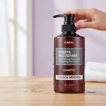 Assemble K - Play .Try .Glow KUNDAL Honey & Macadamia Natural Balancing Shampoo for All Hair Type, Acacia Moringa scent, 500ml bottle.