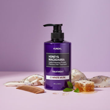Assemble K - Play .Try .Glow KUNDAL Honey & Macadamia Hydro-Intensive Protein Treatment, White Musk scent, 500ml bottle with pump.